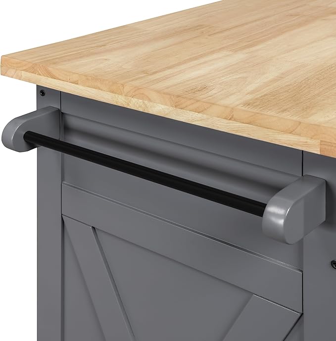 OSP Home Furnishings Bolten Farmhouse Kitchen Cart with Butcher Block Top, Rolling Island with Storage Cabinet and Drawer, 35.5H x 32W x 19D inches, Grey