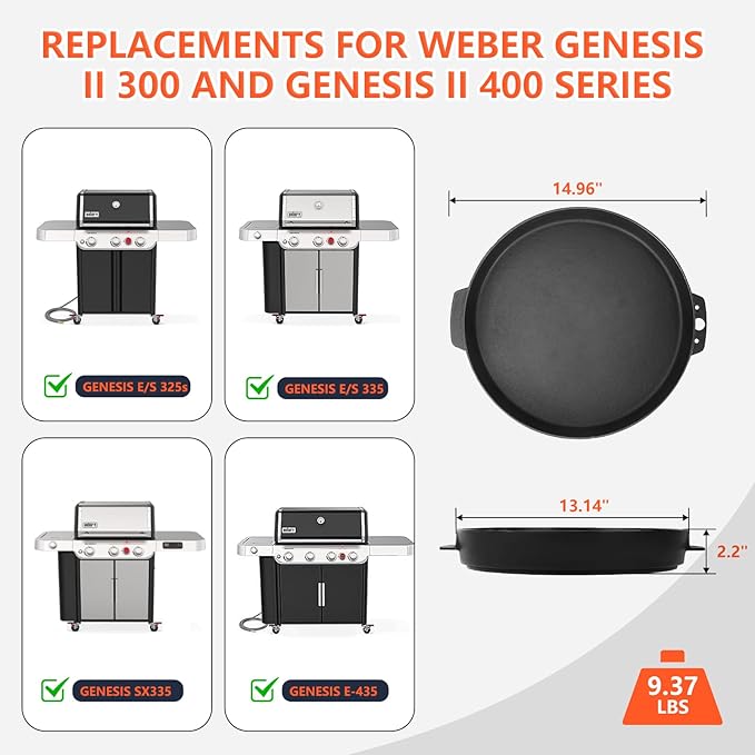 QuliMetal Grill Griddle for Weber Genesis 300 & 400 Series, Cast‑Iron Griddle Replacement Parts for Genesis E/S325, Genesis E/S335, Genesis E425, Genesis E435 Gas Grills, 14.96" x 13.14” x 2.1"