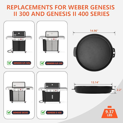 QuliMetal Grill Griddle for Weber Genesis 300 & 400 Series, Cast‑Iron Griddle Replacement Parts for Genesis E/S325, Genesis E/S335, Genesis E425, Genesis E435 Gas Grills, 14.96" x 13.14” x 2.1"