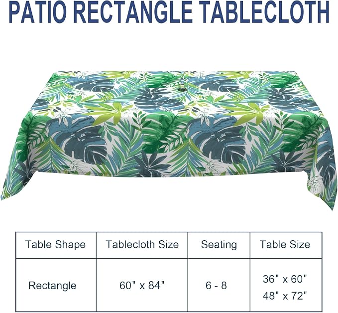 Outdoor Rectangle Tablecloth, 60×84 Inch Water Repellent Picnic Table Cover with Umbrella Hole Zipper for Patio Family Meal, Islamorada Blue Green
