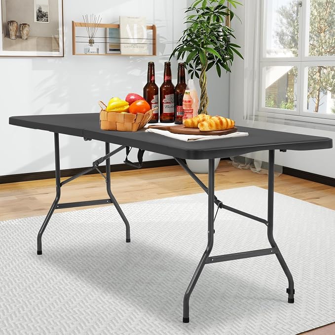 PayLessHere 6ft Folding Tables,Plastic Resin Table with Collapsible Alloy Steel Frame,Plastic Table for Indoor,Outdoor,Camping,BBQ,Picnic,Black