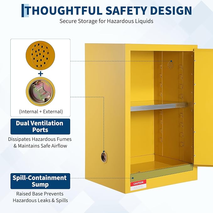 Hazardous Storage Flammable Cabinets, Fire Resistant Safety Cabinet for Flammable Liquids | Cold-Rolled Steel Construction w/Spill Containment Tray, Ventilation Holes & Grounding | Adjustable Shelf