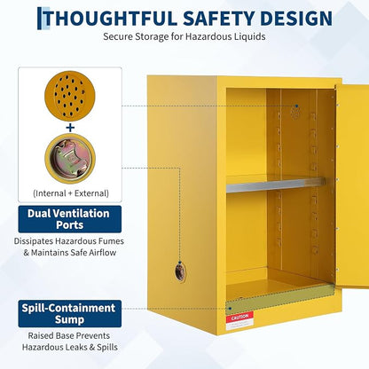 Hazardous Storage Flammable Cabinets, Fire Resistant Safety Cabinet for Flammable Liquids | Cold-Rolled Steel Construction w/Spill Containment Tray, Ventilation Holes & Grounding | Adjustable Shelf