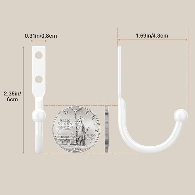 6 Pack Wall Hooks, Metal Hooks Wall Mount, Hold up to 45 Lbs | For Hanging Towel/Coat/Bag/Keys/Cups，Ideal for Bathroom, Outdoor, Closet, Kitchen, Garage