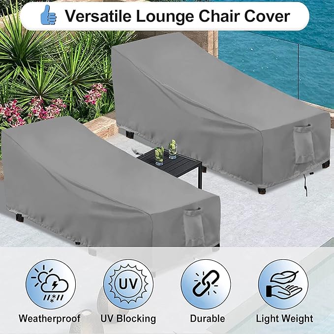 OutdoorLines Outdoor Waterproof Patio Chaise Lounge Chair Cover - UV Resistant Lounger Covers Heavy Duty Weatherproof Patio Sofa Furniture Covers, 2 Packs, 68Wx30Dx30H Inches, Gray
