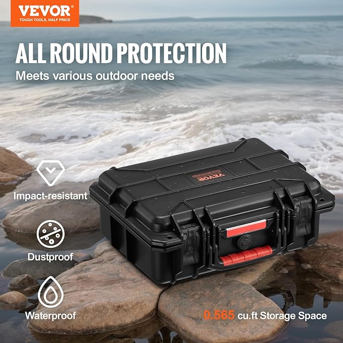 VEVOR Weatherproof Hard Case, Heavy Duty Protective Dry Box with Pre-cut Foam, Retractable Pull Handles for Travel, Hunting, Military, Tactical, IP67 Waterproof Case for Cameras(14.96x11.81x5.51)