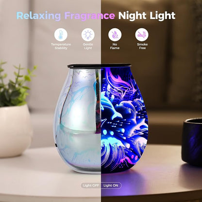 Inrorans Glass Electric Wax Melt Warmer Oil Burner with Stable Heating PTC Reusable Silicone Tray 7 Colorful Changing Led Light Night Light Scent Warmer for Home Fragrance Warmers-Dolphin Timer