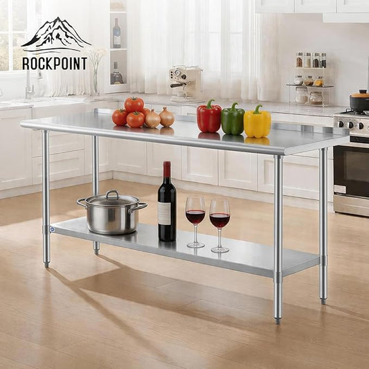 ROCKPOINT SS 304 Top All Stainless Steel Table for Prep & Work with Backsplash 24x72 Inches, NSF Commercial Kitchen Heavy Duty Table with Adjustable Undershelf for Restaurant,Kitchen, Home and Hotel