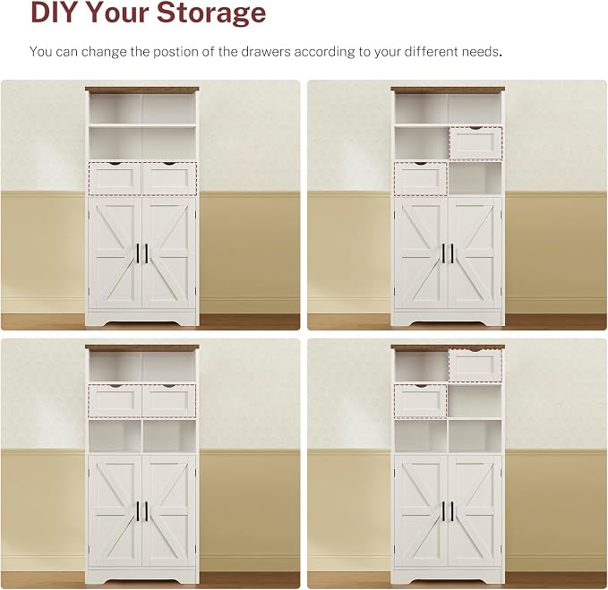 Storage Cabinet with Doors & 2 Drawers, Kitchen Cabinet with Adjustable Shelf, Pantry Cabinets, Bathroom Cabinets, for Living Room, Entryway, Home Office, White
