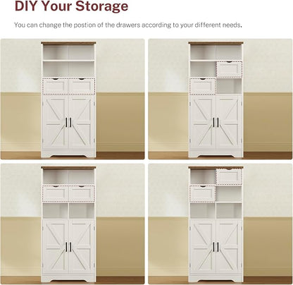 Storage Cabinet with Doors & 2 Drawers, Kitchen Cabinet with Adjustable Shelf, Pantry Cabinets, Bathroom Cabinets, for Living Room, Entryway, Home Office, White
