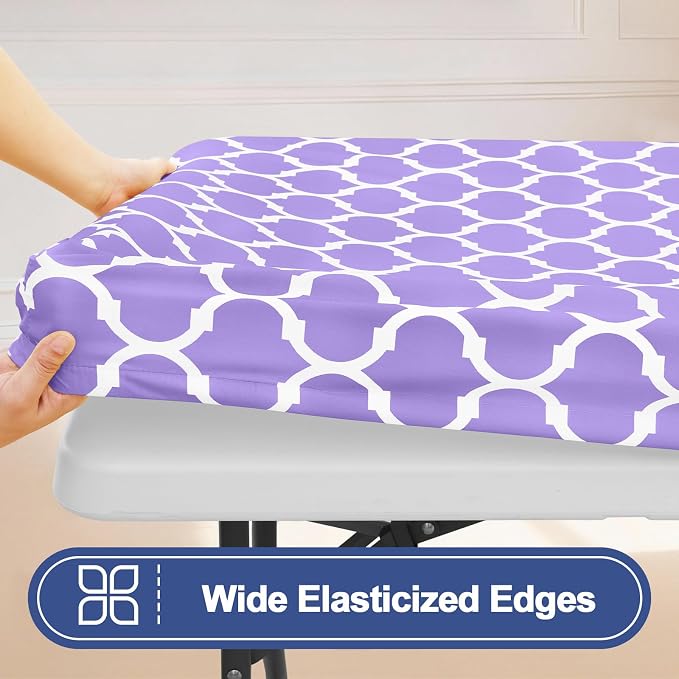 Smiry 2 Pack Rectangle Table Cloth 4 Foot, Waterproof Elastic Fitted Tablecloths, Windproof Washable Polyester Table Cover for Picnic, Camping, Outdoor (Lavender, 30"x48")