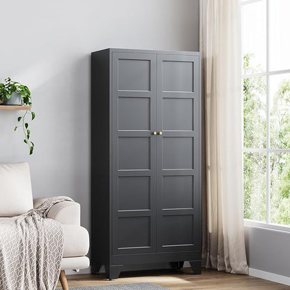 Yizosh Metal Storage Cabinet with 2 Doors and 4 Adjustable Shelves - 71" Black Kitchen Pantry Storage Cabinet,4-Tier Tall Steel Cabinet Locker for Living Room,Dining Room,Kitchen
