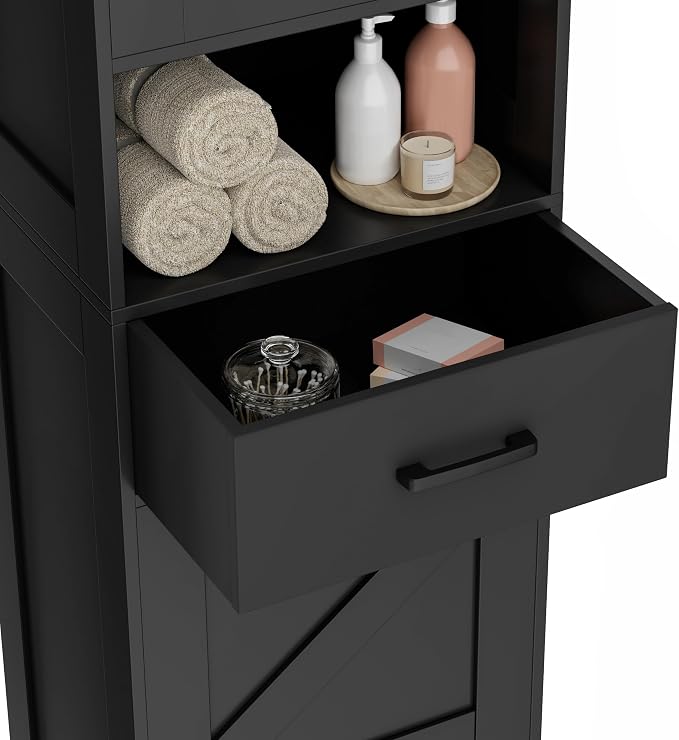 Homhedy 67" H Tall Bathroom Storage Cabinet with Barn Doors and Drawer | Narrow Storage Unit with Adjustable Shelves, Floor Cabinet for Bathroom, Living Room, Entryway or Kitchen, Black, 15.7" W