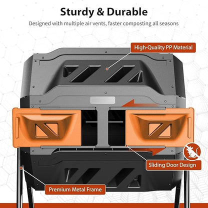 43-Gal Dual Chamber Compost Tumbler Outdoor, 360° Rotating Compost Bin with Steel Frame, Aeration System & 2 Sliding Doors for Kitchen, Garden, Yard - Black Orange
