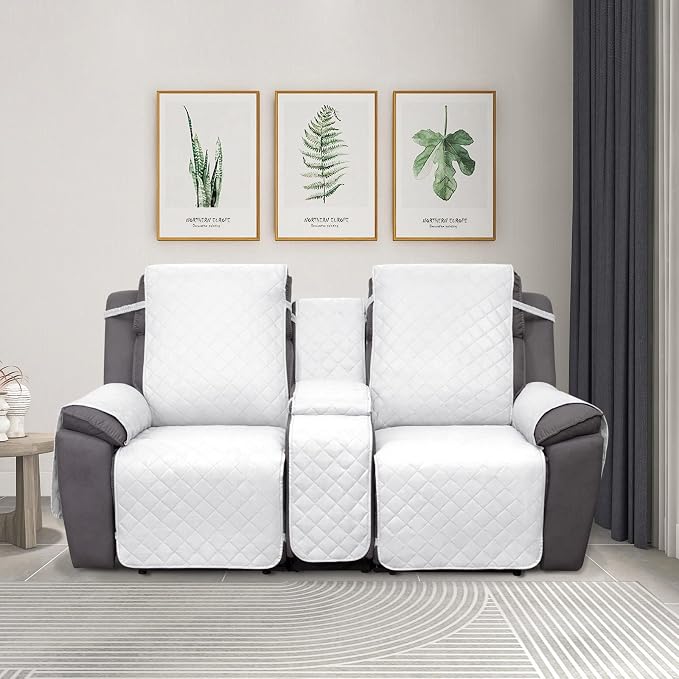 PureFit Water Resistant Reversible Loveseat Recliner Cover for Double | Double with Console, Non Slip Split Sofa Cover, Washable Reclining Cover, White/White
