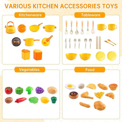 60Pcs Kids Mini Play Kitchen Accessories, Pretend Cooking Play Set with Cookware, Tableware & Fruit & BBQ Sets, Learning Gift for Boys, Girls, Toddlers,Yellow