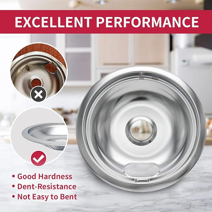 W10196405 W10196406 Stove Burner Drip Pans for Electric Stove Top-Compatible with Whirlpool Electric Range-Thickening to Prevent Bent-Set of 4 Chrome Drip Pans, Silver