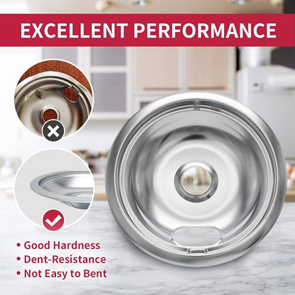 COZZIVITAW10196405 W10196406 Stove Burner Drip Pans for Electric Stove Top-Compatible with Whirlpool Electric Range-Thickening to Prevent Bent-Set of 4 Chrome Drip Pans, Silver
