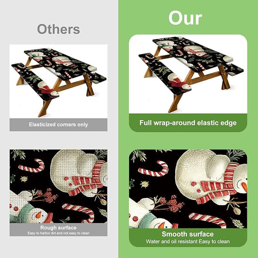 Christmas Picnic Table Cover with Table Cover, Elastic Tablecloth for Outdoor Picnic Table, Designed with Black Snowman and Candy Cane, Tablecloth for Camping, Barbecue and Holiday Parties