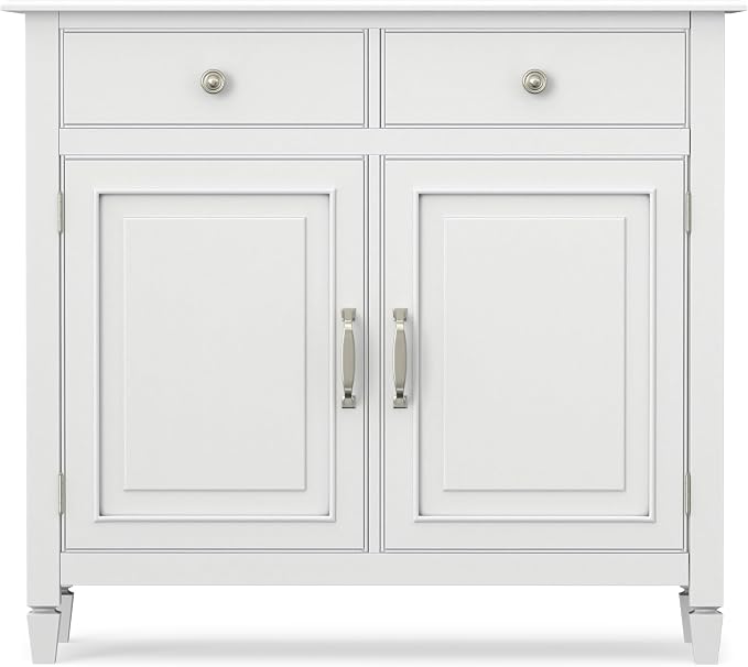 SIMPLIHOME Connaught 40" Wide Solid Wood Storage Cabinet in White | Traditional slim entryway and living room organizer for hats, gloves, shoes and keys with space-saving storage design.