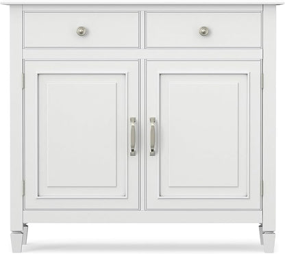 SIMPLIHOME Connaught 40" Wide Solid Wood Storage Cabinet in White | Traditional slim entryway and living room organizer for hats, gloves, shoes and keys with space-saving storage design.