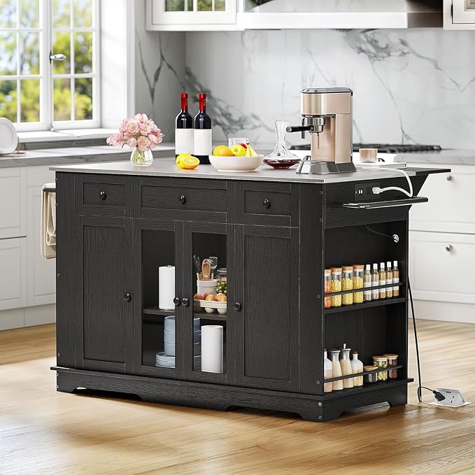 DWVO Kitchen Island with Stainless Steel Top & Power Outlet, 60 Inch Kitchen Island on Wheels with Drop Leaf, Large Rolling Mobile Center Islands w Storage Drawer Cabinet Counter Metal Top, Black