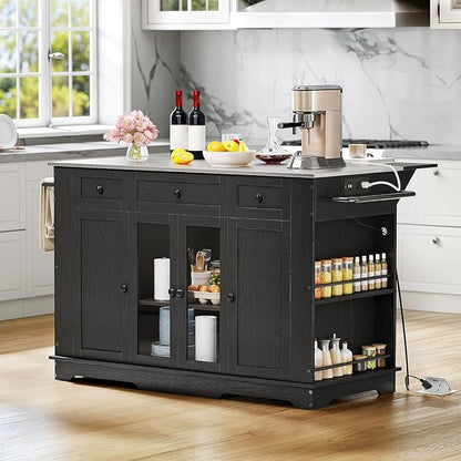 DWVO Kitchen Island with Stainless Steel Top & Power Outlet, 60 Inch Kitchen Island on Wheels with Drop Leaf, Large Rolling Mobile Center Islands w Storage Drawer Cabinet Counter Metal Top, Black