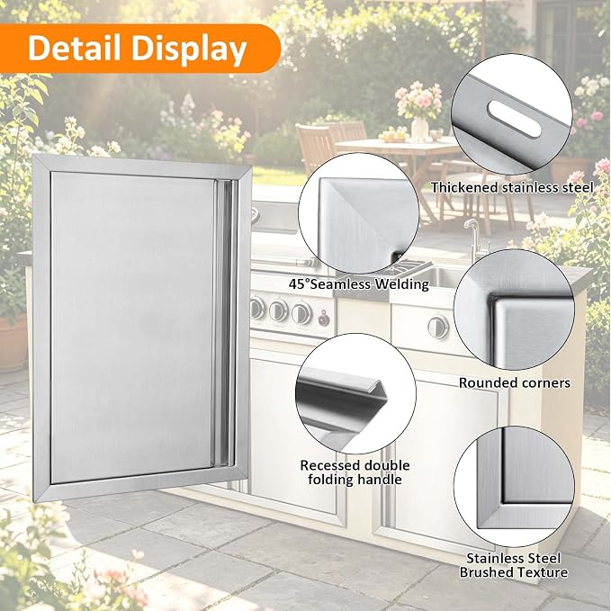 JIE JIN Outdoor Kitchen Door 17" W X 24" H Single Doors BBQ Access Door BBQ Island Door 304 Brushed Stainless Steel Flush Mount Door for Outdoor Kitchen BBQ Island Outdoor Cabinet Doors