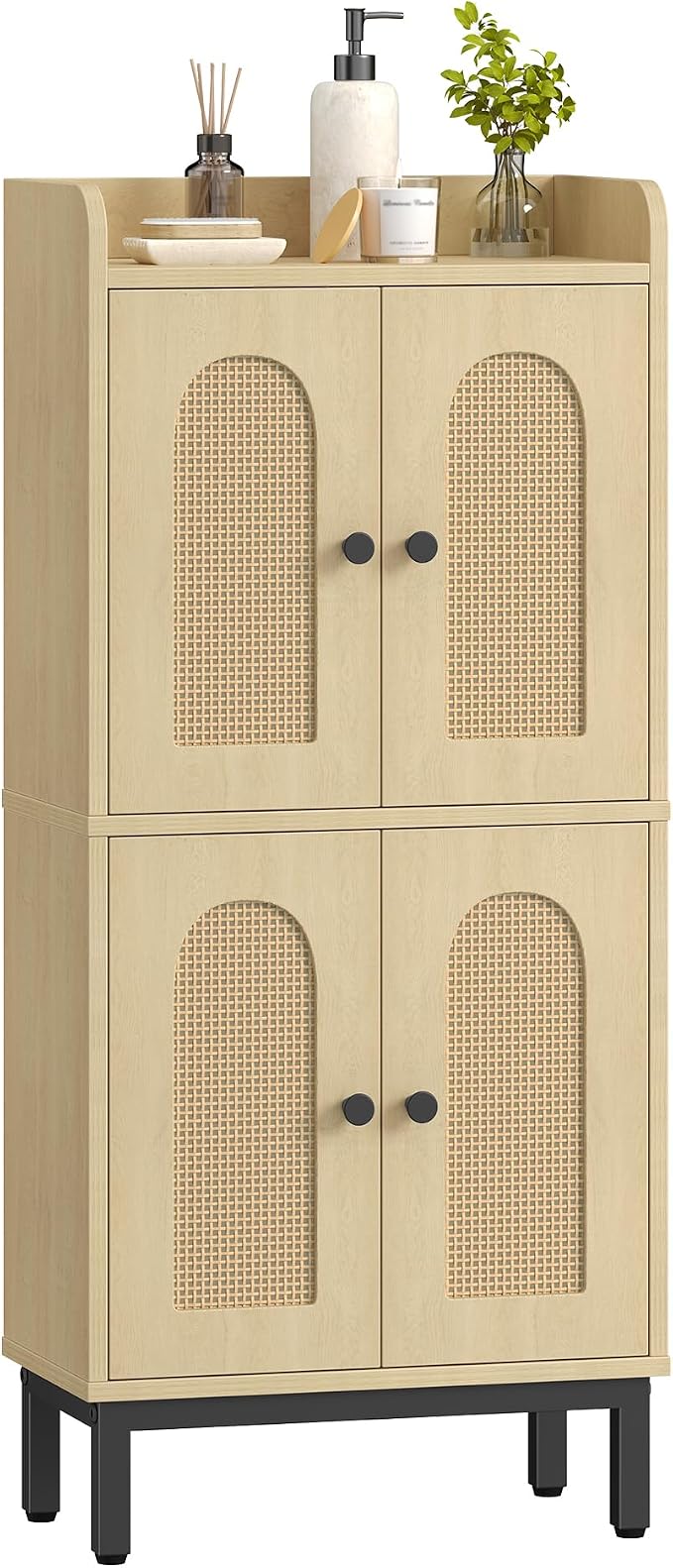 Hzuaneri Bathroom Cabinet, Small Storage Cabinet with 4 Doors | Bathroom Organizers and Storage Cabinets with Adjustable Feet. Cabinets Freestanding for Living Room, Kitchen, Rattan Yellow
