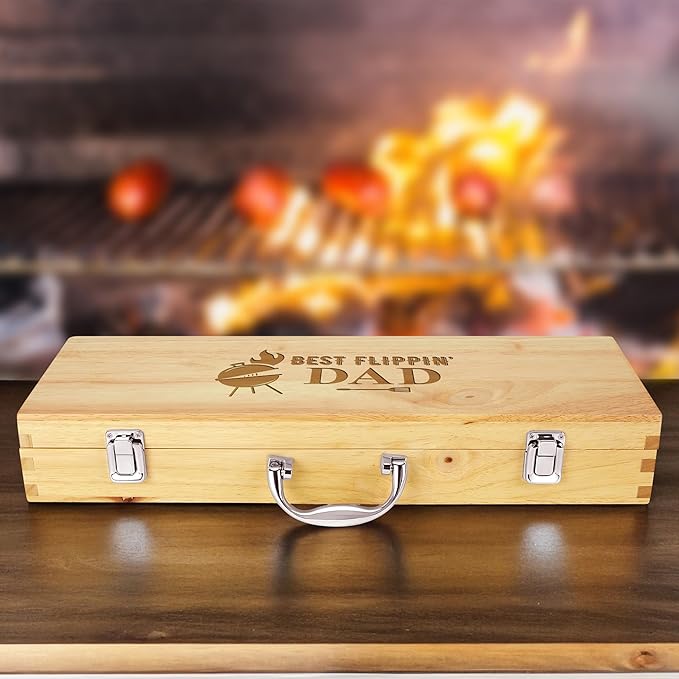 11-Piece BBQ Grilling Set with Engraved Maple Wood Box, Premium Stainless Steel Barbecue Tools with Wooden Handles for Dad – Best Flipping Dad Idea