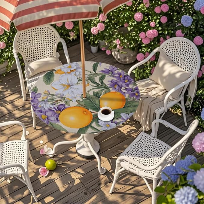 AUUXVA Round Outdoor Tablecloth with Umbrella Hole - Waterproof Patio Table Cover with Zipper Elastic Table Cloth Fits 45"-56" Tables for Party Cafe Garden Decor(Fruits Spring Flower)