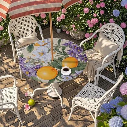 AUUXVA Round Outdoor Tablecloth with Umbrella Hole - Waterproof Patio Table Cover with Zipper Elastic Table Cloth Fits 45"-56" Tables for Party Cafe Garden Decor(Fruits Spring Flower)