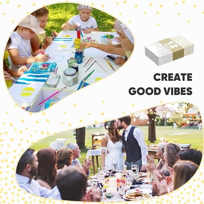 12Pack Plastic Table Cloth Disposable, 54”x108” White and Gold Table Cloths for Parties, Waterproof and Greaseproof Gold Dot Rectangles Tablecloth for Party Decorations BBQ,Wedding,Fine Dining