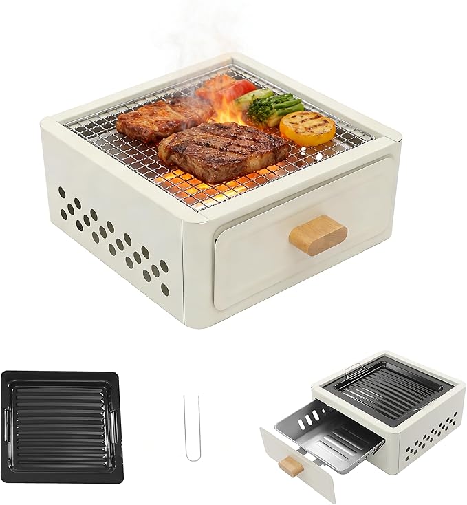 PERFERATE Portable Charcoal Barbecue Grill Outdoor Camping Small Tabletop Cooking Mini Barbecue Multifunctional Charcoal Grill for Camping, Picnics & Travel, 12.2×12.2×5.31in (White)