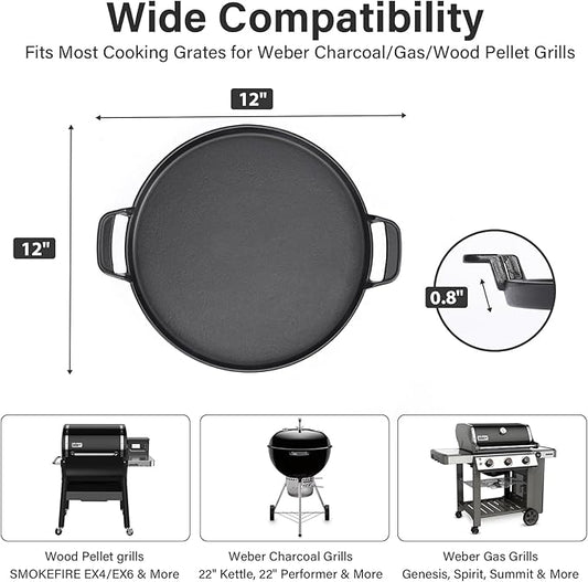 7421 Cast Iron Griddle - 12" Gourmet BBQ System Insert, Fits Most Cooking Grates for Weber Charcoal/Gas/Pellet Grills (22" Kettle/Performer, SMOKEFIRE EX4/EX6, Genesis, Spirit &More)
