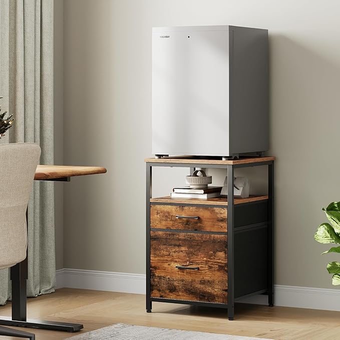 Herture Mini Fridge Stand with 3 Storage, Mini Fridge Cabinet, Beverage Fridge Table, Heavy Duty 18.11" L* 18.11" W Tabletop, for Dorm, Apartment,Office, Bedroom Rustic Brown HB03BXN