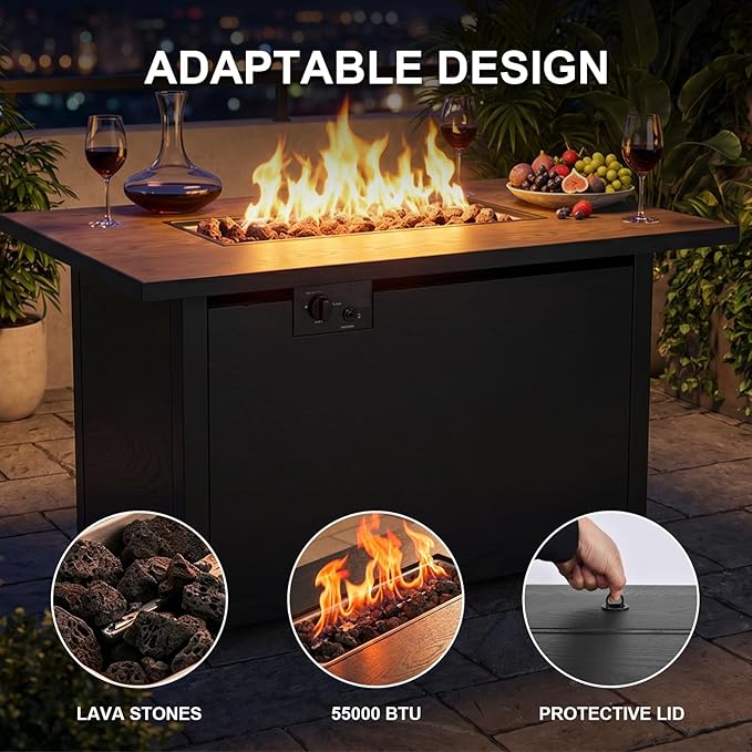 42" Propane Fire Pit, Outdoor Wicker Fire Pit Tables Rectangular Tabletop with Lid and Blue Fire Glass, 50000 BTU w/CSA-Certified, Glass Wind Guard and Tables for Outside Patio, Backard (Black)
