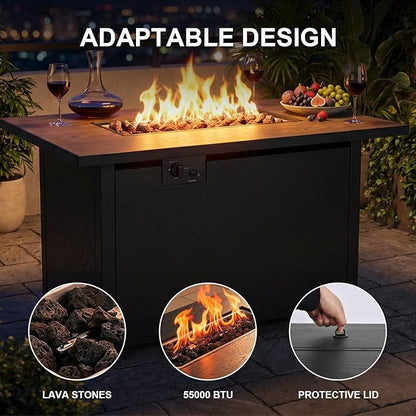 42" Propane Fire Pit, Outdoor Wicker Fire Pit Tables Rectangular Tabletop with Lid and Blue Fire Glass, 50000 BTU w/CSA-Certified, Glass Wind Guard and Tables for Outside Patio, Backard (Black)