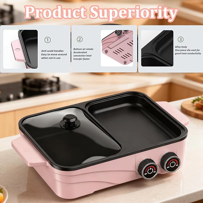 Hot Pot Electric with Grill, 2-in-1 Nonstick Korean BBQ Grill Indoor Smokeless Hotpot Pot Electric Cooker Sahabu Shabu Pot, Independent Dual Temperature Control