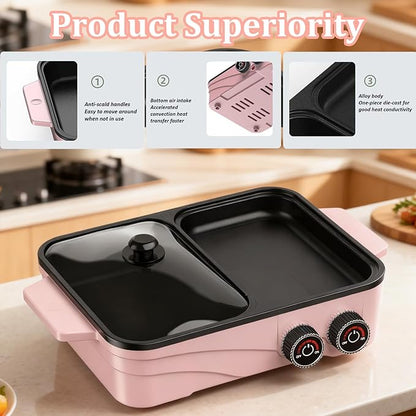 Hot Pot Electric with Grill, 2-in-1 Nonstick Korean BBQ Grill Indoor Smokeless Hotpot Pot Electric Cooker Sahabu Shabu Pot, Independent Dual Temperature Control