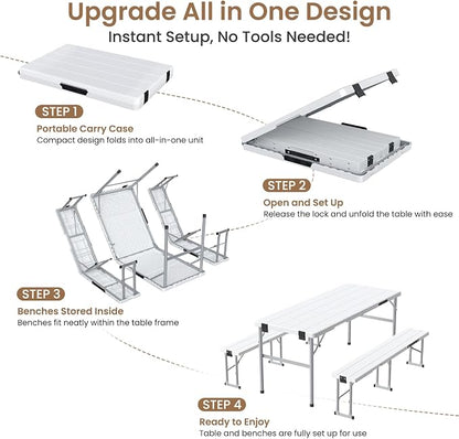 6' Picnic Table Set w/2 Benches 3-Piece 1-Case Camping Table Chair Set | HDPE Tree Pattern Top for Indoor or Outdoor Use Working Meeting Party, Camping, Picnic, Weddings With Handle Safety Locks