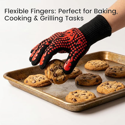 Extra Long BBQ Gloves, 1472°F Extreme Heat Resistant Silicone Grilling Gloves, Non-Slip 5-Finger Oven Mitts for Smoking, Cooking, Baking, Campfire