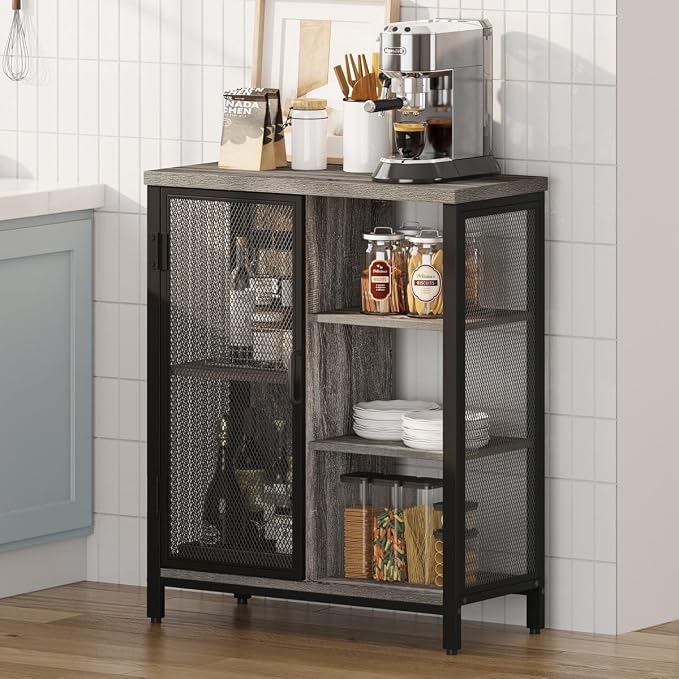Liquor Cabinet Bar for Home, Coffee Storage Cabinet | Adjustable Shelves, Small Wood Sideboard Buffet Station Cabinets with Door, for Kitchen/ Dining/ Entryway, Dark Grey Oak, 36"