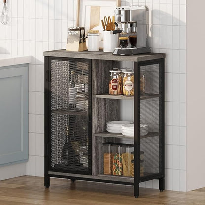 Liquor Cabinet Bar for Home, Coffee Storage Cabinet | Adjustable Shelves, Small Wood Sideboard Buffet Station Cabinets with Door, for Kitchen/ Dining/ Entryway, Dark Grey Oak, 36"