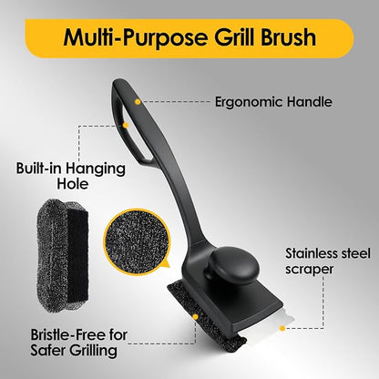 Bristle-Free Silicone BBQ Grill Brush - No Wire Risk, Fast Burnt Grease Removal - 3 Detachable Heads, 2 Extra Replacements, Collapsible Water Cup & Scraper for Gas, Charcoal, Cast Iron Grates