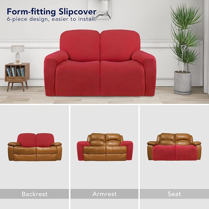 PureFit Super Stretch Loveseat Recliner Sofa Couch Cover with Pocket | 2 Seats Non Slip Soft Sofa Slipcover, Washable Reclining Furniture Protector for Kids, Pets (Recliner Loveseat, Red )