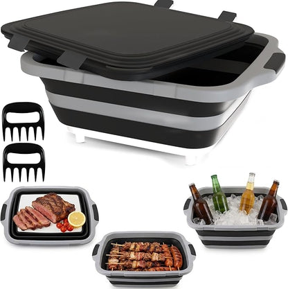 MAYALEAD BBQ Prep Tub with 2 Pcs Meat Shredder Claws, Collapsible Cutting Board, Cutting Board with Locking Lids, Drip Easy BBQ Prep Tub with lid-XL Size (Black)