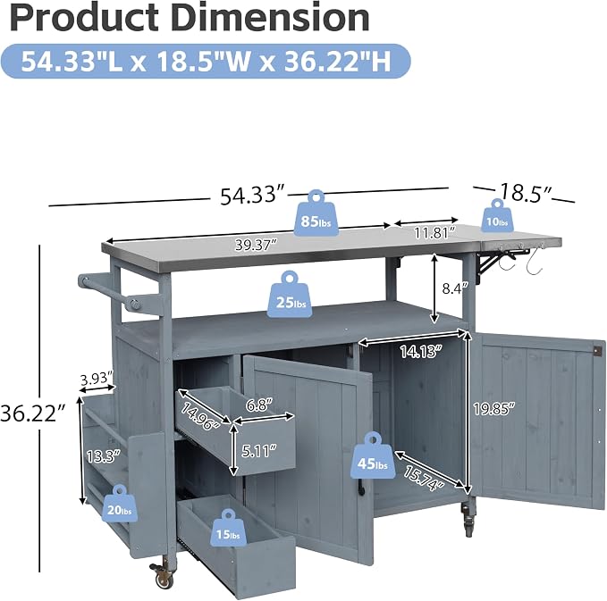 Christopher Knight Home Edsel Outdoor Bar Cart with Stainless Steel Top and Lockable Wheels, Solid Wood Outdoor Storage Cabinet, Kitchen Island Serving Cart for Poolside, Garden, Blue Gray