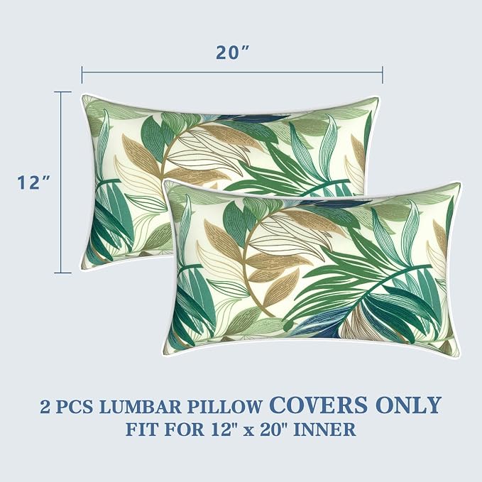 LVTXIII 2 Pack Outdoor Lumbar Pillow Covers 12x20 Inch with Piping, Water-Repellent Back Cushion Covers ONLY for Patio Furniture, Sofa, Garden Bench, Lush Leaf Green