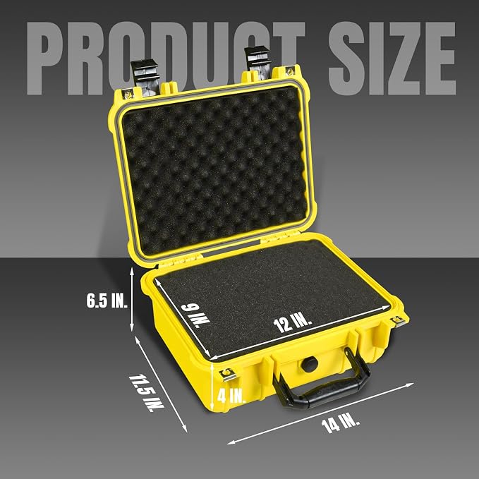 Jack Boss 14x 11.5x 6.5 Inch Hard Case, Portable Weather Waterproof Protective Camera Case with Customizable Foam, Fit Use of Drones, Camera, Equipments, Yellow